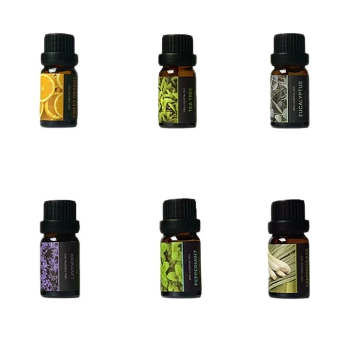 Six bottled aroma products with scent labels